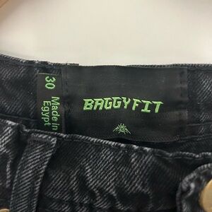 Baggy Fit Black Denim Jeans with Neon Green Label
